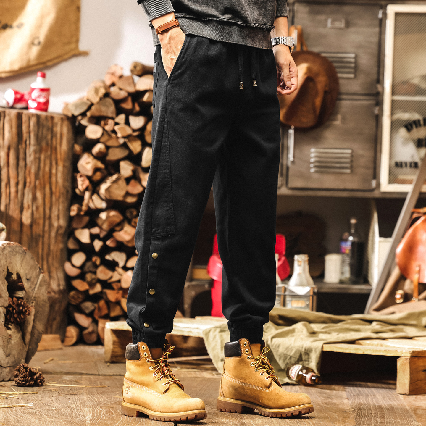 美式重磅復古加絨褲子男士冬季加厚雪花絨休閒褲男款束腳工裝褲子