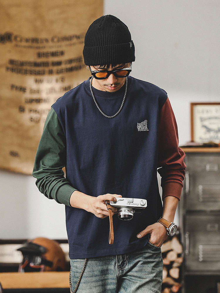 設計款痞帥重磅T恤男長袖撞色2024新款潮牌衣服男士春季上衣