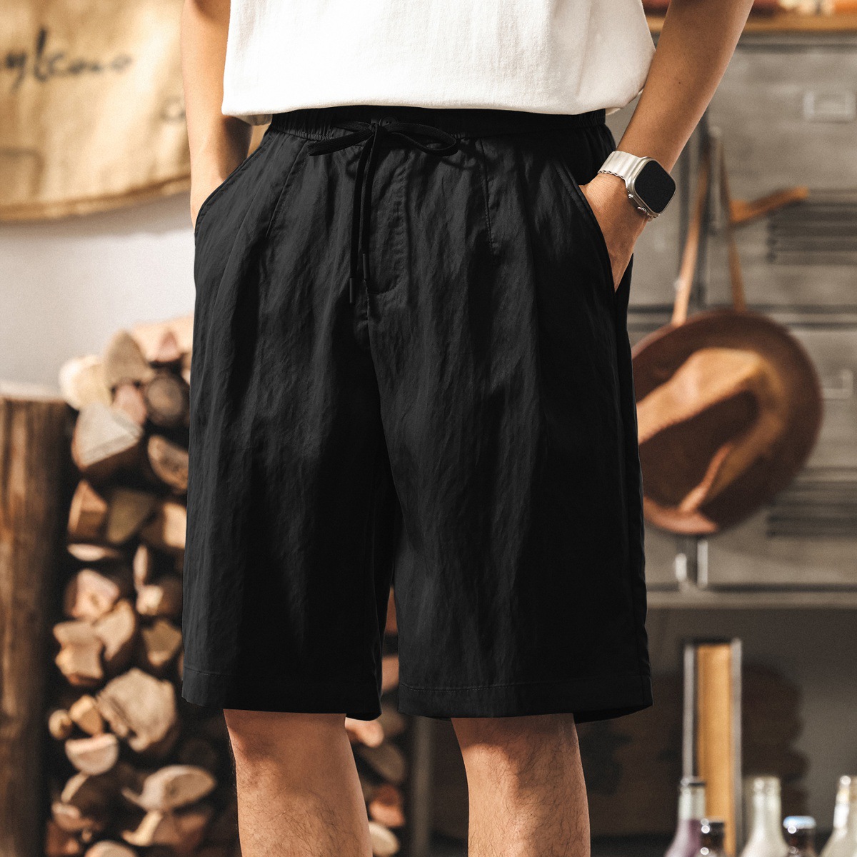 垂感褶皺薄款冰絲短褲男士夏季新款萊賽爾天絲寬鬆中褲休閒五分褲