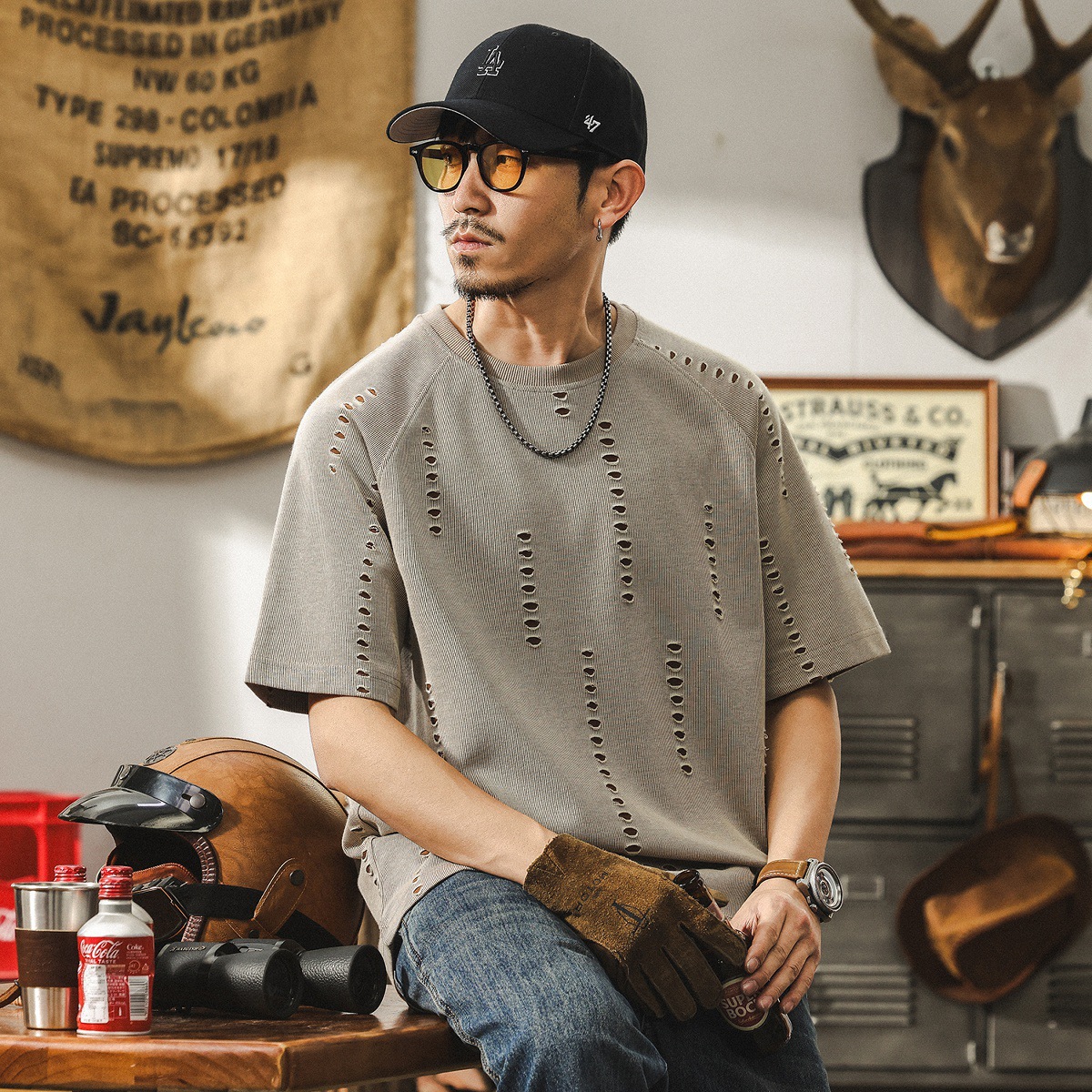 美式復古夏季潮牌破洞設計感短袖男款2025新款寬鬆大碼半袖T恤男