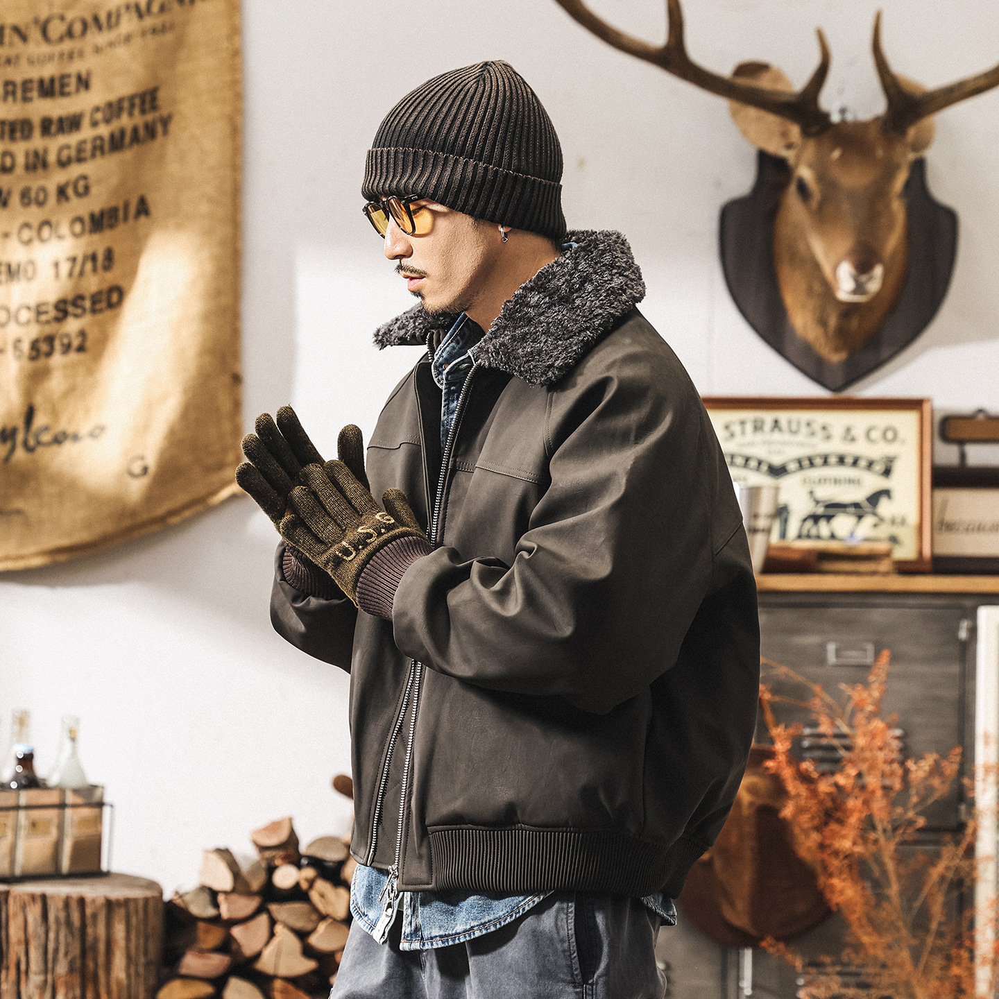 美式復古90%純白鴨絨毛絨領羽絨服男冬季潮牌機車皮衣羽絨外套男