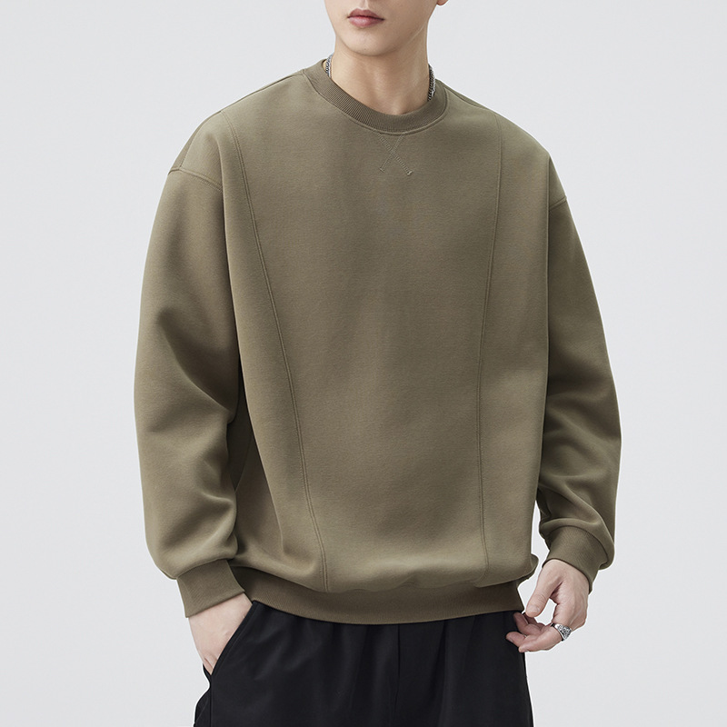 日系復古秋季新款男士拼接設計長袖衛衣寬鬆百搭潮圓領休閒純色T