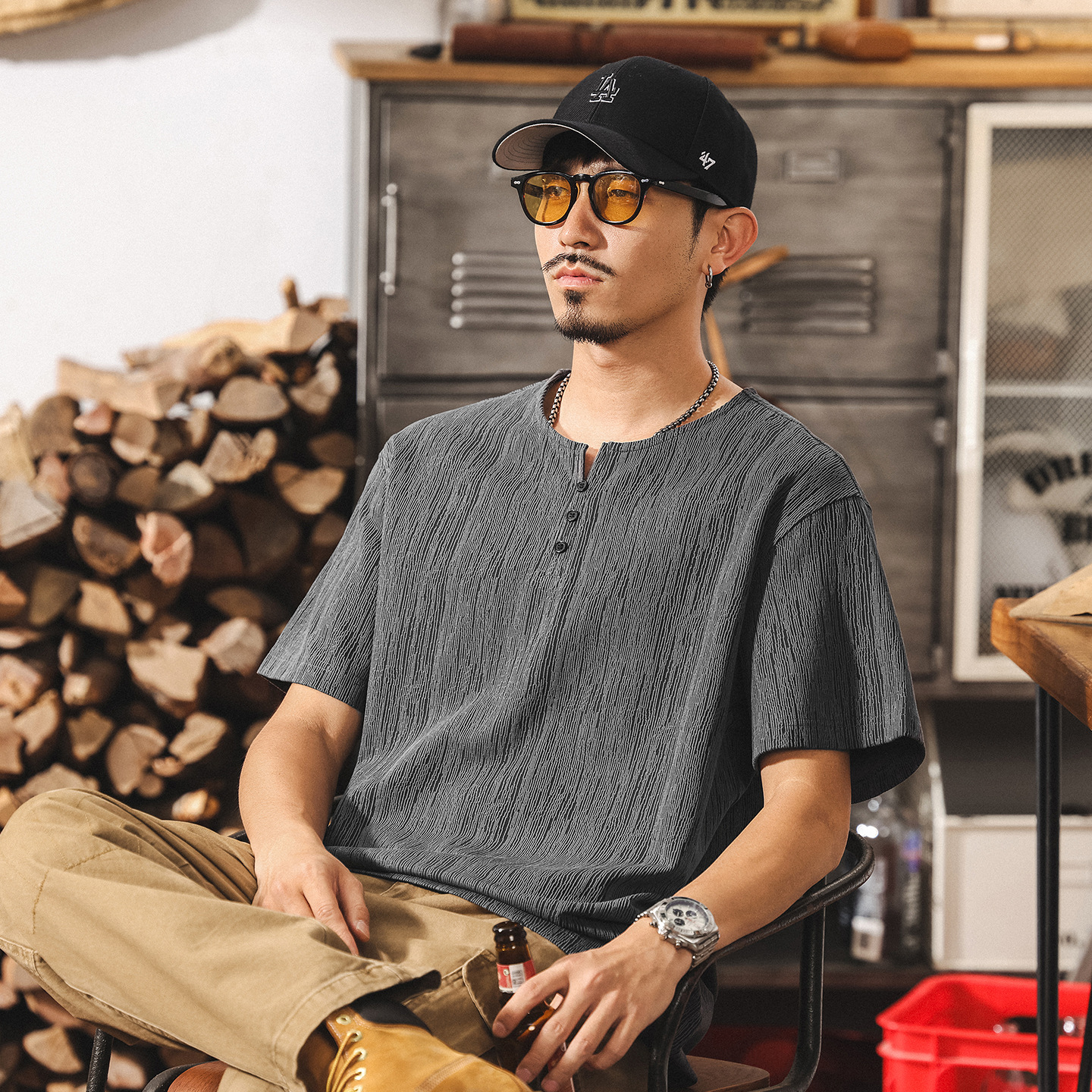 中式復古樹紋肌理感亨利領短袖T恤男夏季新款美式寬鬆重磅Polo衫