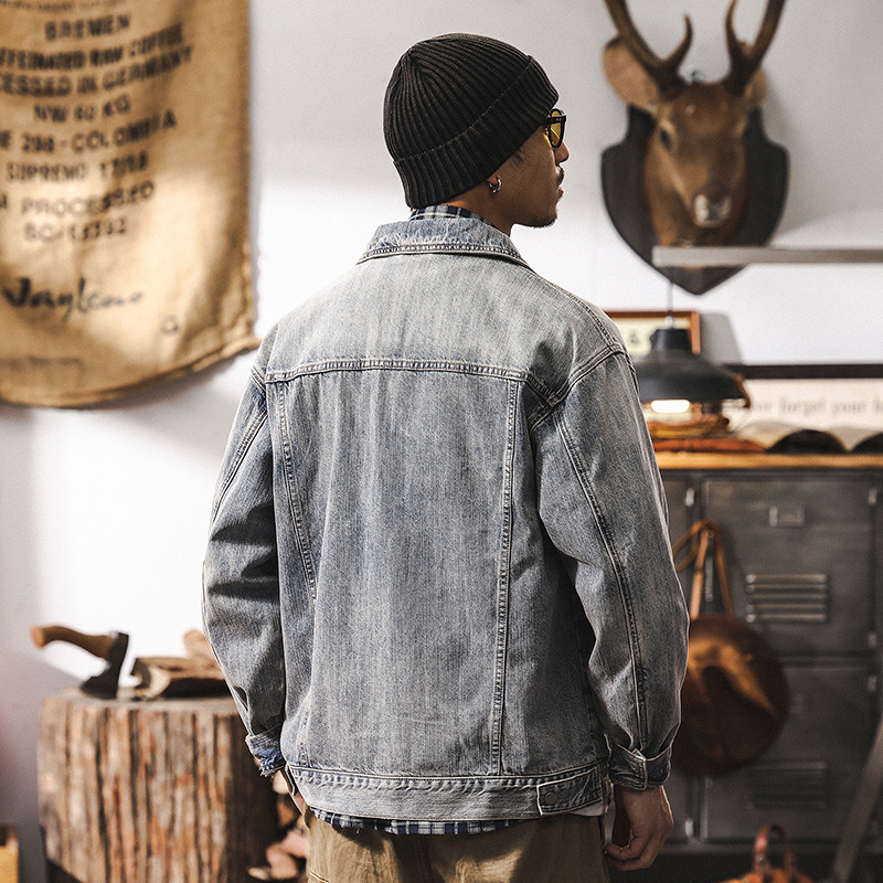 美式復古水洗竹節紋牛仔外套男春秋2025新款潮牌寬鬆痞帥工裝夾克