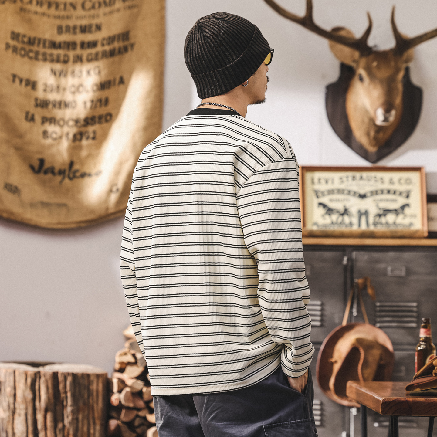 美式復古海魂條紋長袖t恤男2025新款秋季潮牌設計感寬鬆v領上衣男