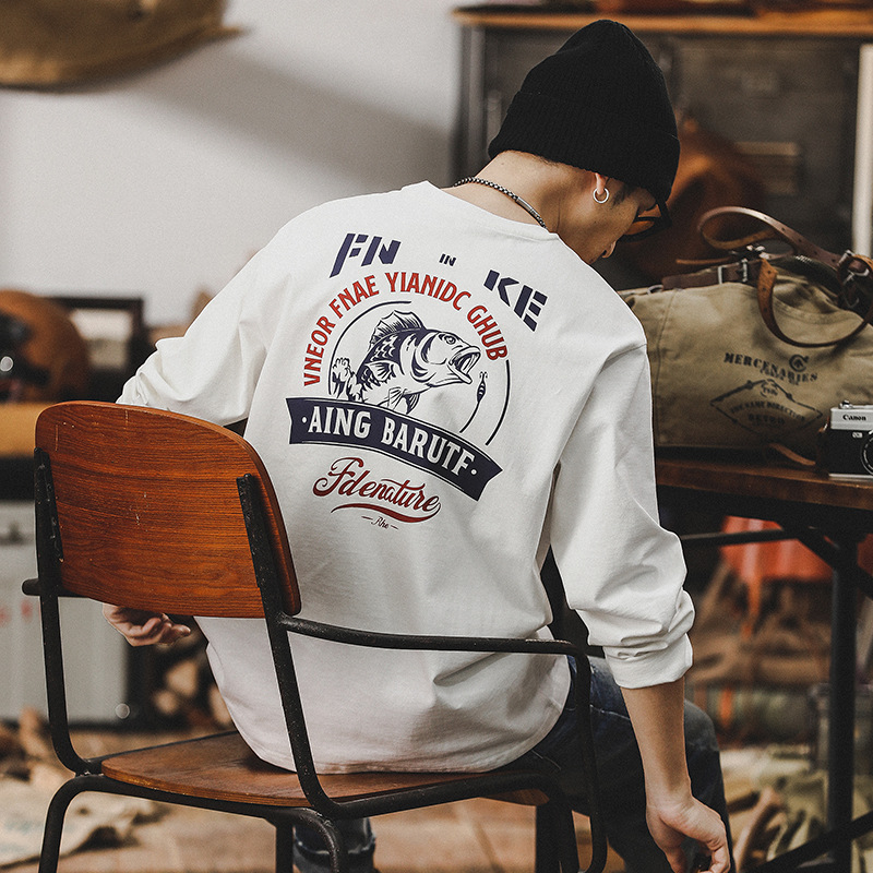 春季新款男士長袖T恤美式重磅2024新款潮牌白色衣服男士上衣