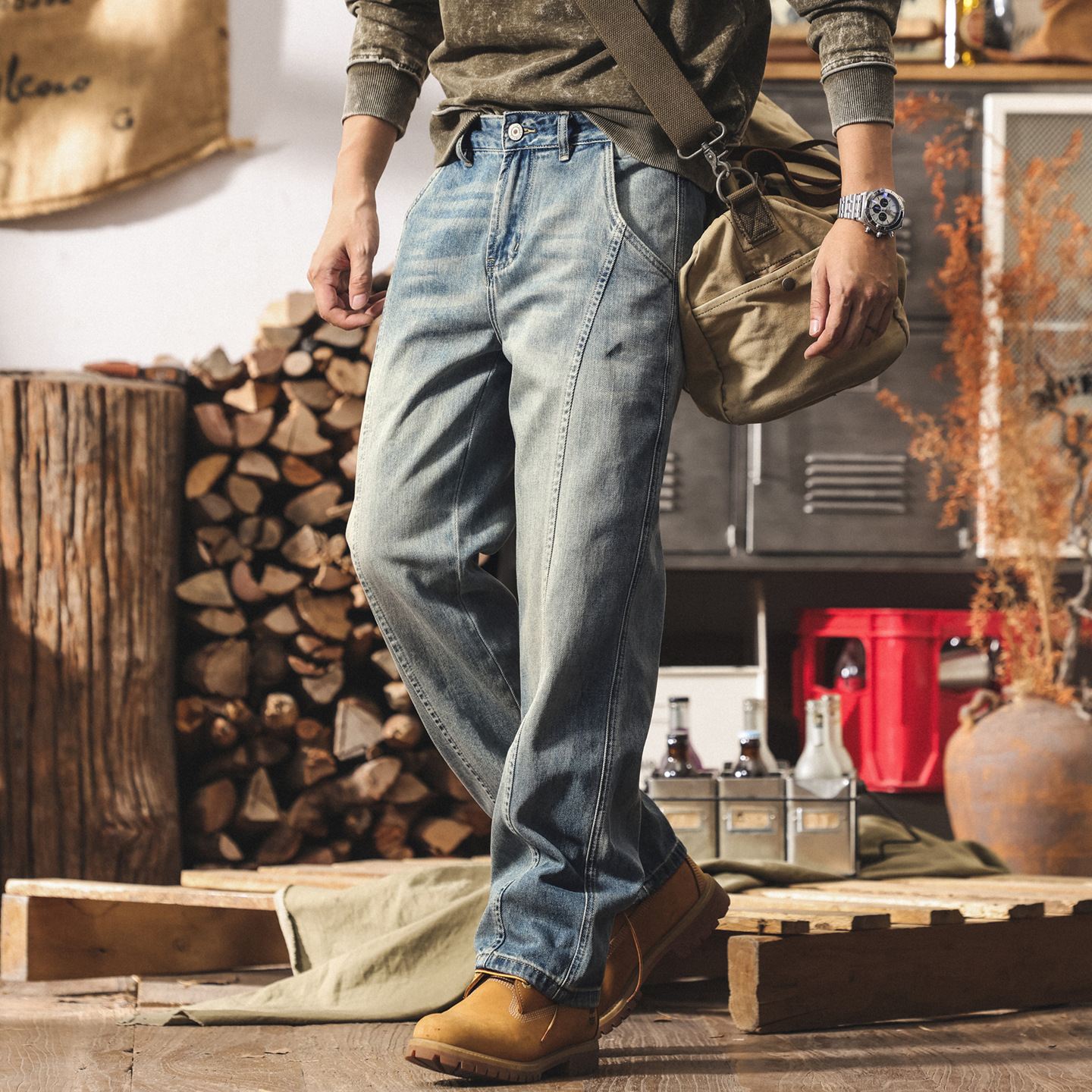 美式復古牛仔褲男直筒2025新款潮牌拼接寬鬆春秋水洗男士休閒長褲