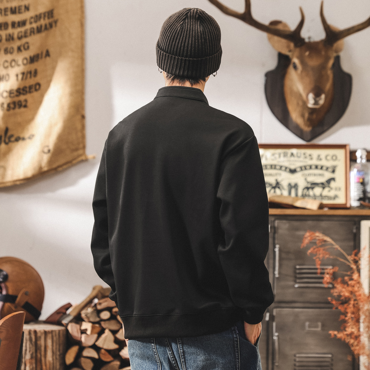 美式復古黑色亨利領衛衣男春秋新款長袖Polo衫立領寬鬆休閒上衣男