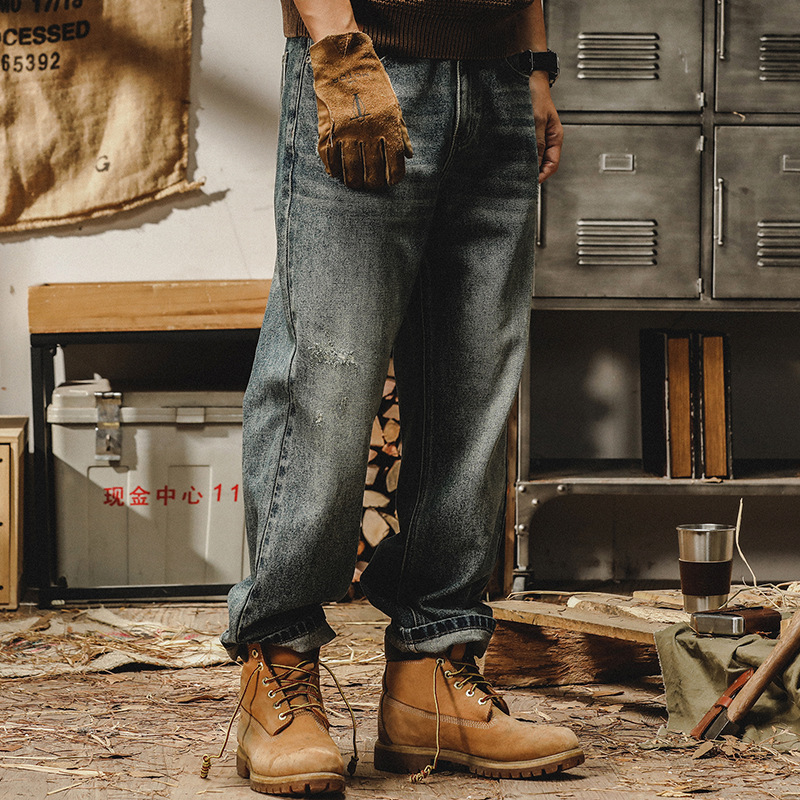 美式經典復古牛仔褲男秋冬款寬鬆直筒大碼潮流重磅石磨水洗闊腿褲