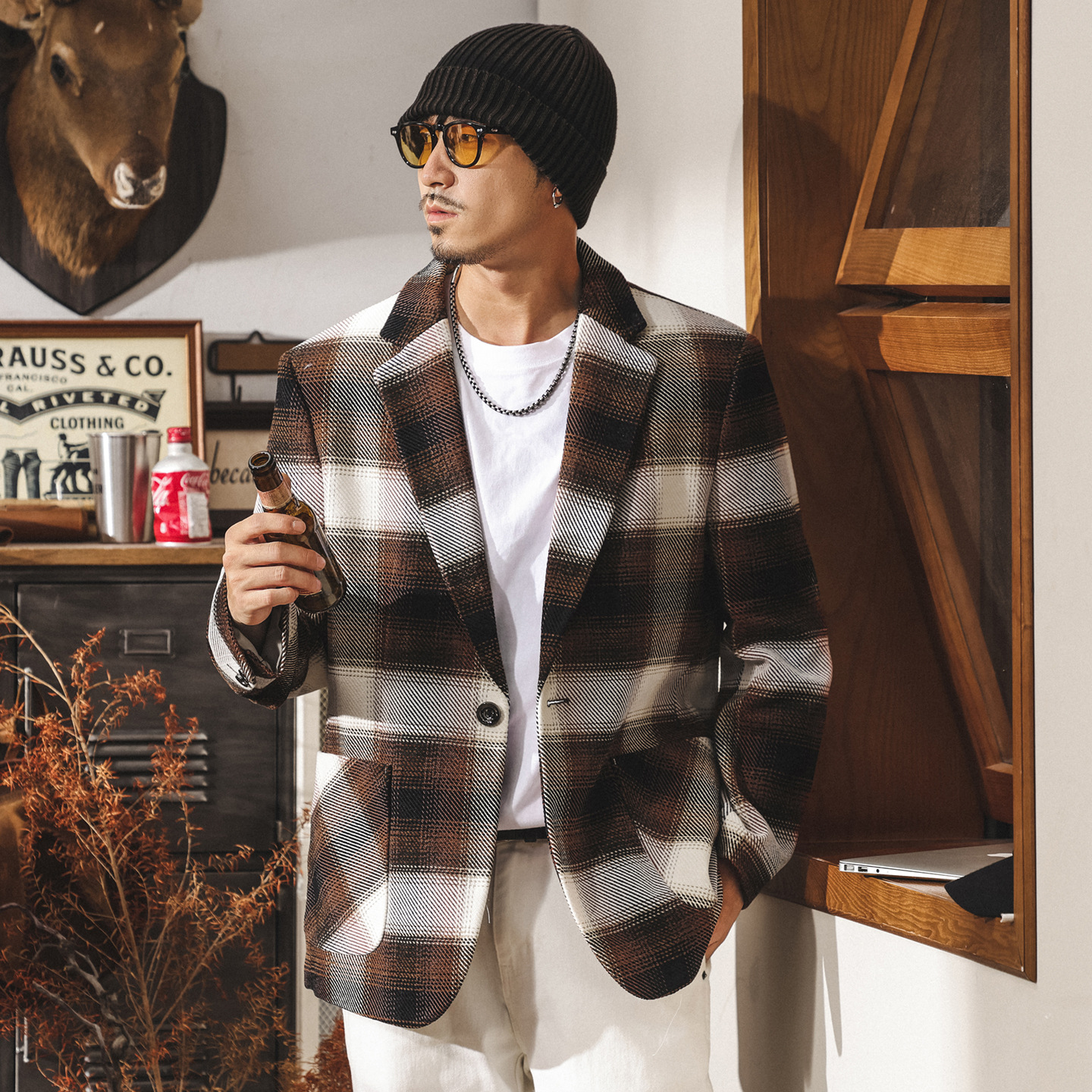 美式復古色織格紋西裝外套男冬季新款潮牌高級感通勤休閒寬鬆西服