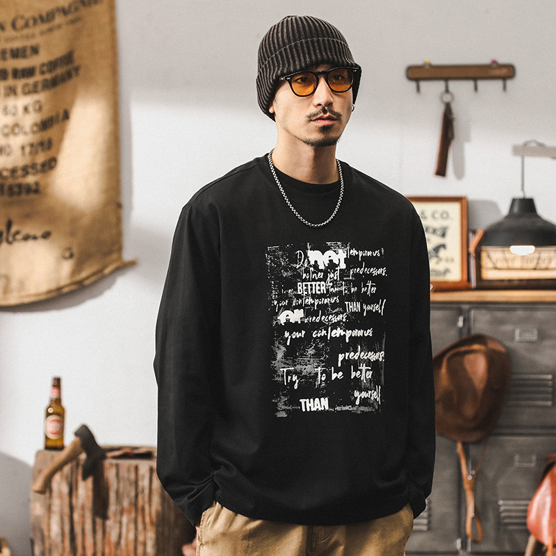 美式復古260g重磅T恤男長袖2024新款秋季創意印花寬鬆上衣男