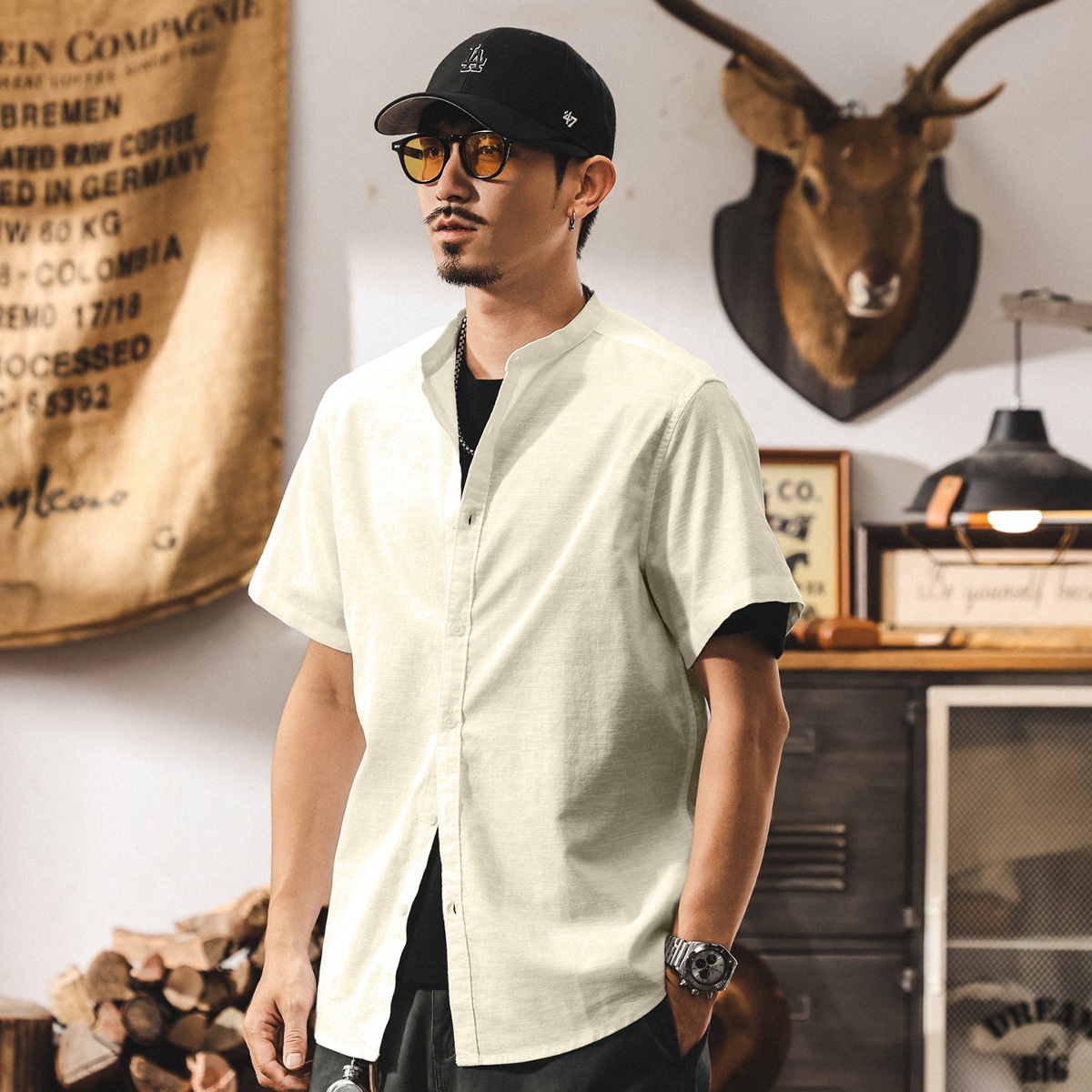 中式復古高級感棉麻襯衫男士短袖夏季新款潮牌寬鬆立領國風襯衣男