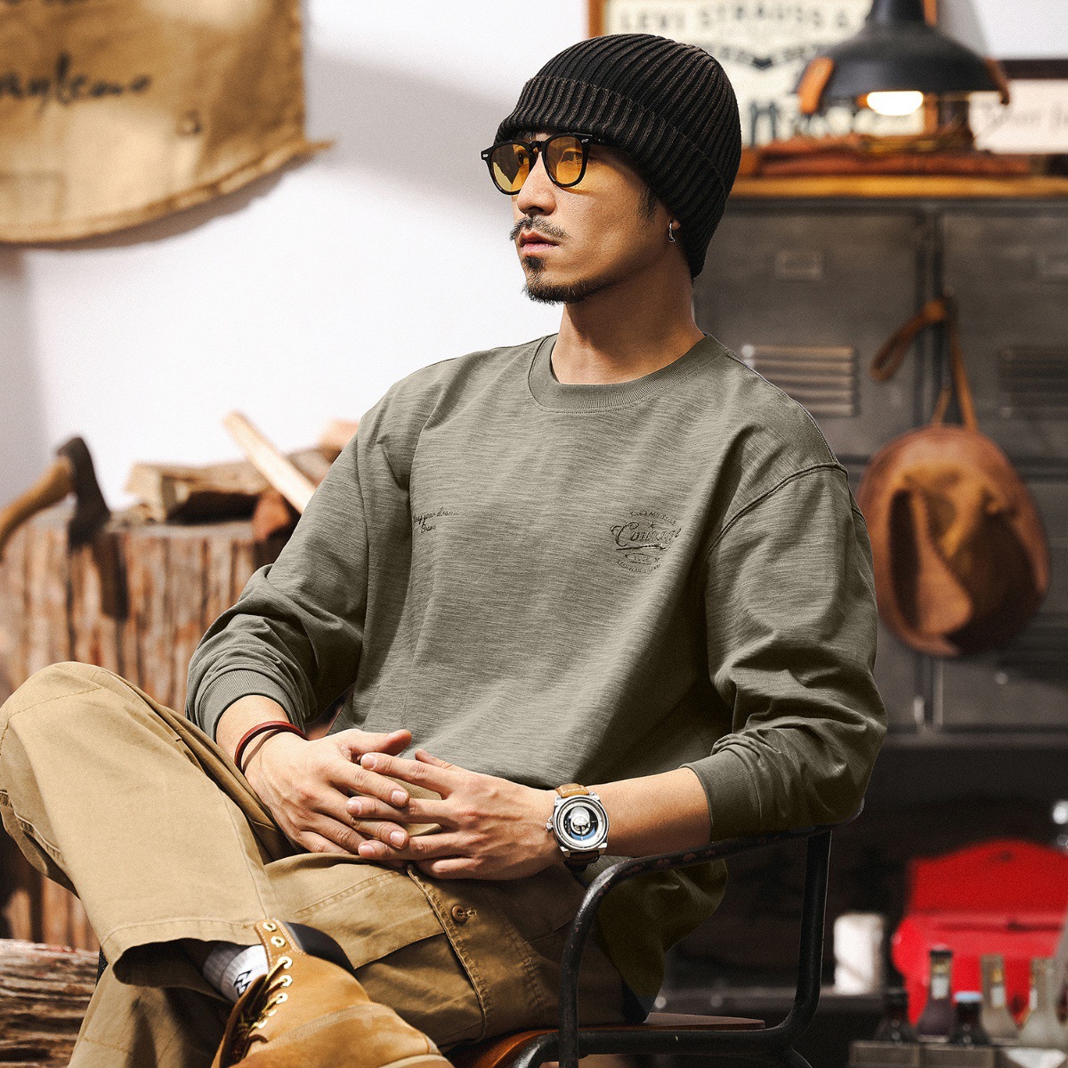 竹節棉長袖T恤男春季寬鬆2025新款美式復古潮牌寬鬆簡約休閒上衣