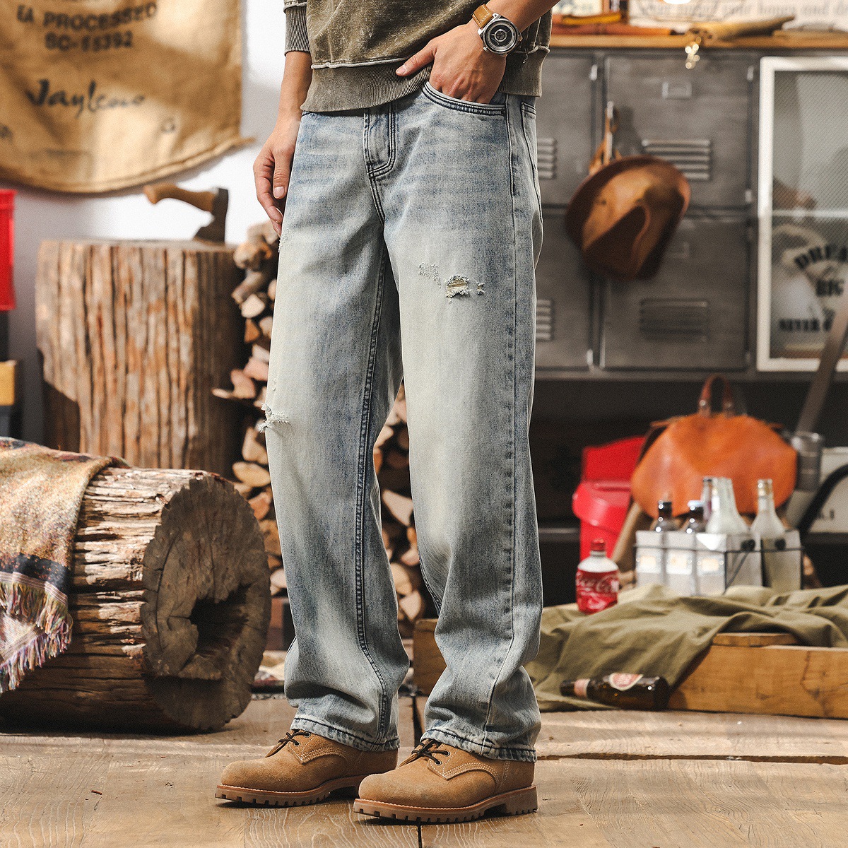 美式復古淺藍色牛仔褲男款春夏寬鬆直筒潮牌男士褲子破洞休閒長褲