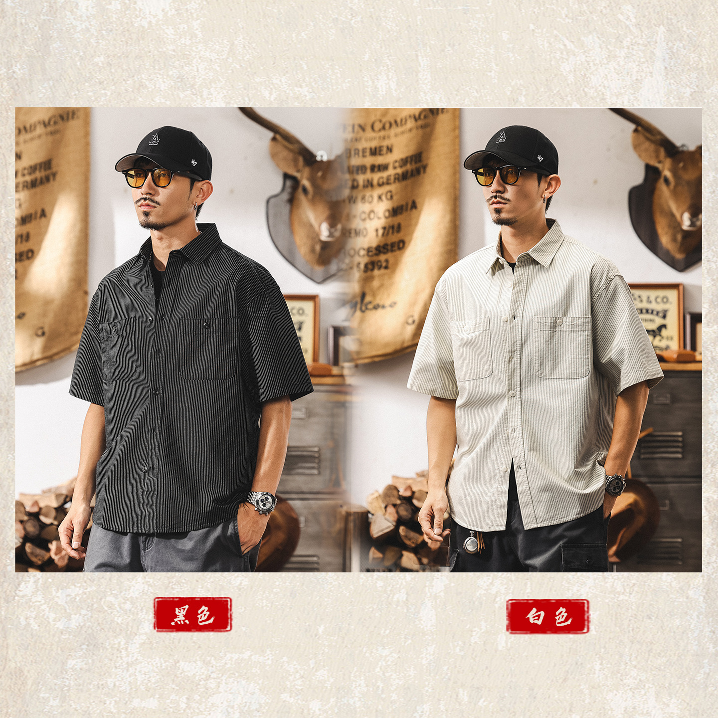 美式復古工裝襯衫男士短袖2025夏季新款寬鬆大碼休閒條紋襯衣外套