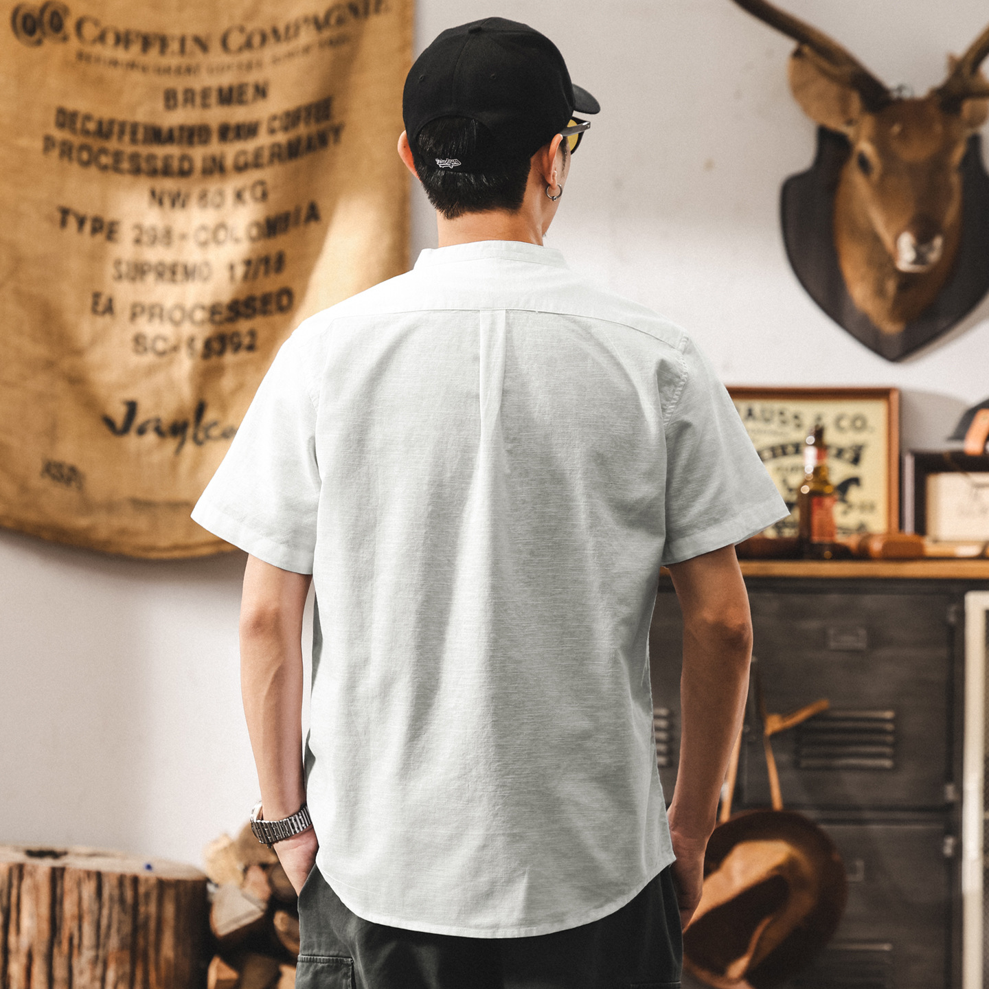 中式復古高級感棉麻襯衫男士短袖夏季新款潮牌寬鬆立領國風襯衣男