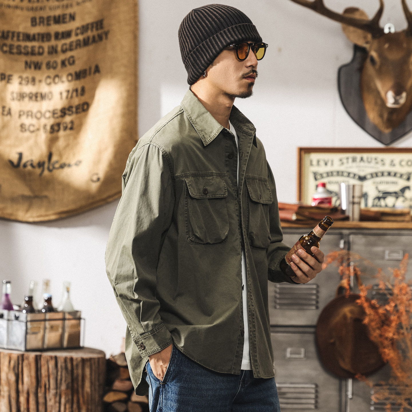 美式復古水洗工裝襯衫男長袖春季新款潮牌重磅寬鬆襯衣外套男