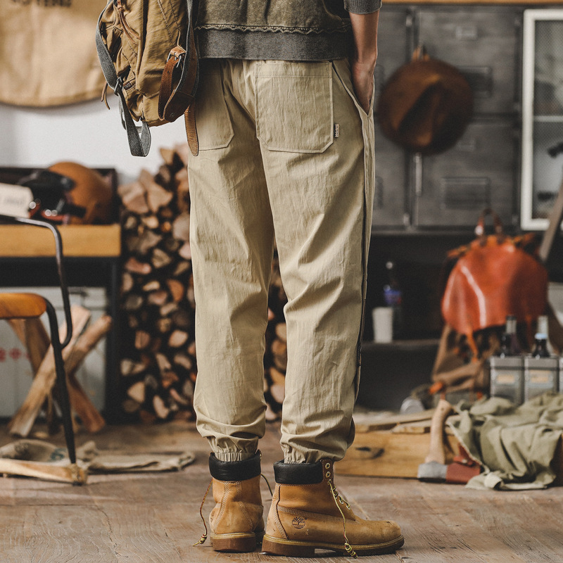 高級感工裝褲子男春季寬鬆直筒男士休閒褲設計感拼色束腳哈倫褲男