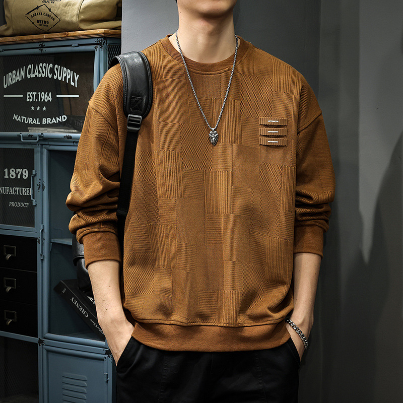 秋冬新款重磅提花衛衣男美式復古寬鬆大碼打底衫加絨拼接圓領上衣