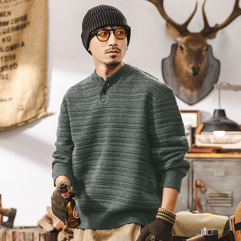 美式復古850g重磅亨利領毛衣男冬季加厚針織衫慵懶風男士秋冬外套