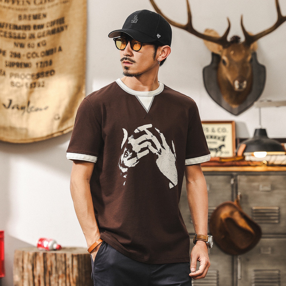 美式復古假兩件重磅T恤男短袖2025新款夏季寬鬆男士上衣衣服