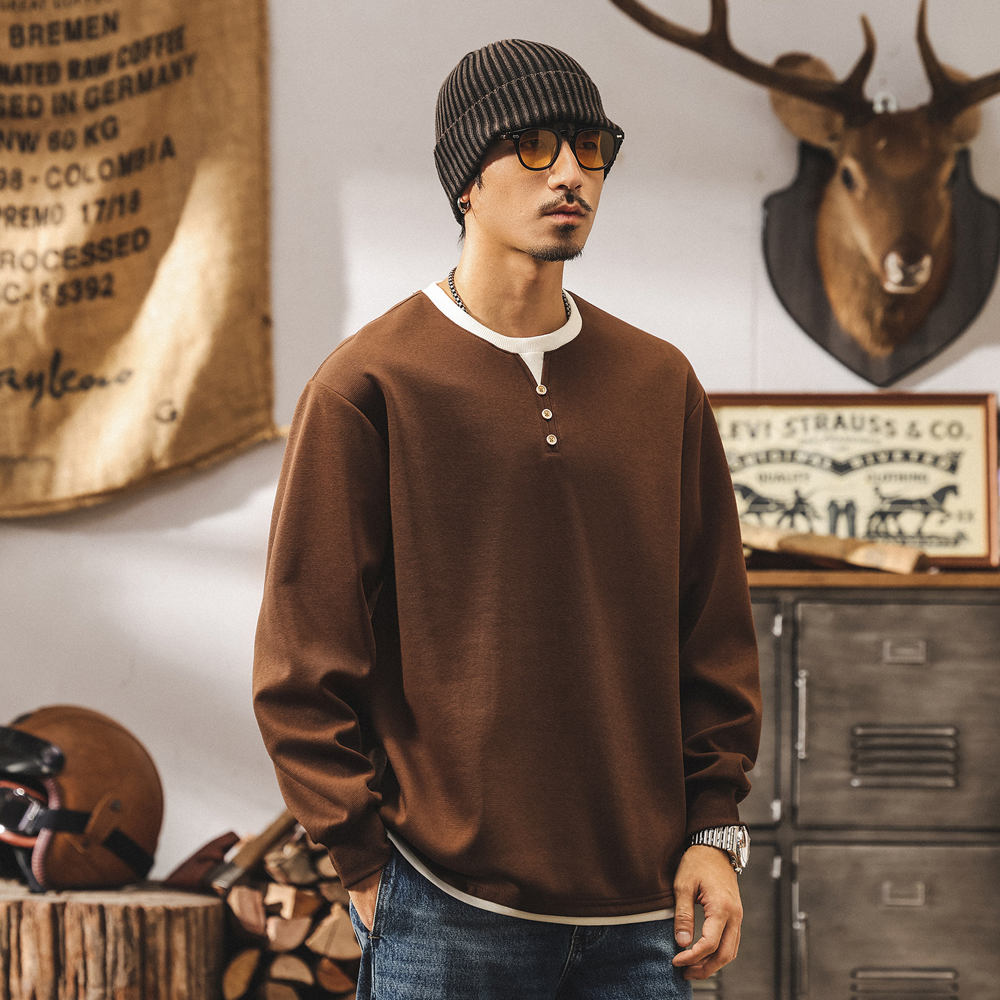 美式復古亨利領假兩件t恤男長袖春秋新款潮牌重磅衛衣寬鬆上衣男