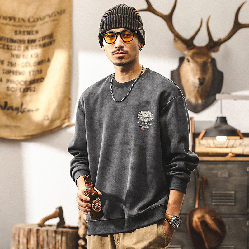 美式復古360g重磅圓領衛衣男春秋款潮牌寬鬆上衣男士印花體恤男款