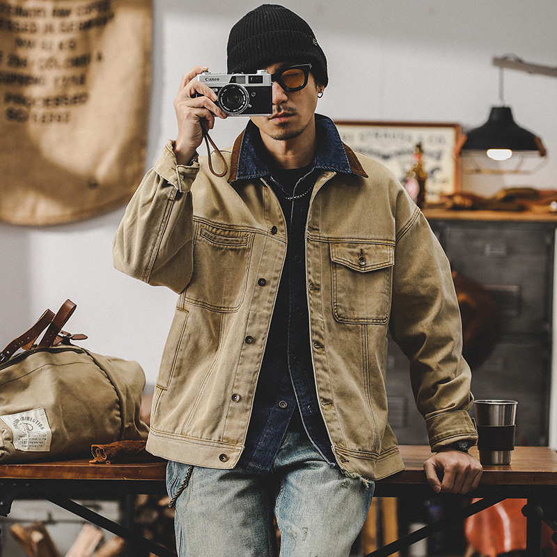 美式經典復古工裝外套男春秋款2024撞色痞帥寬鬆潮牌男士休閒夾克