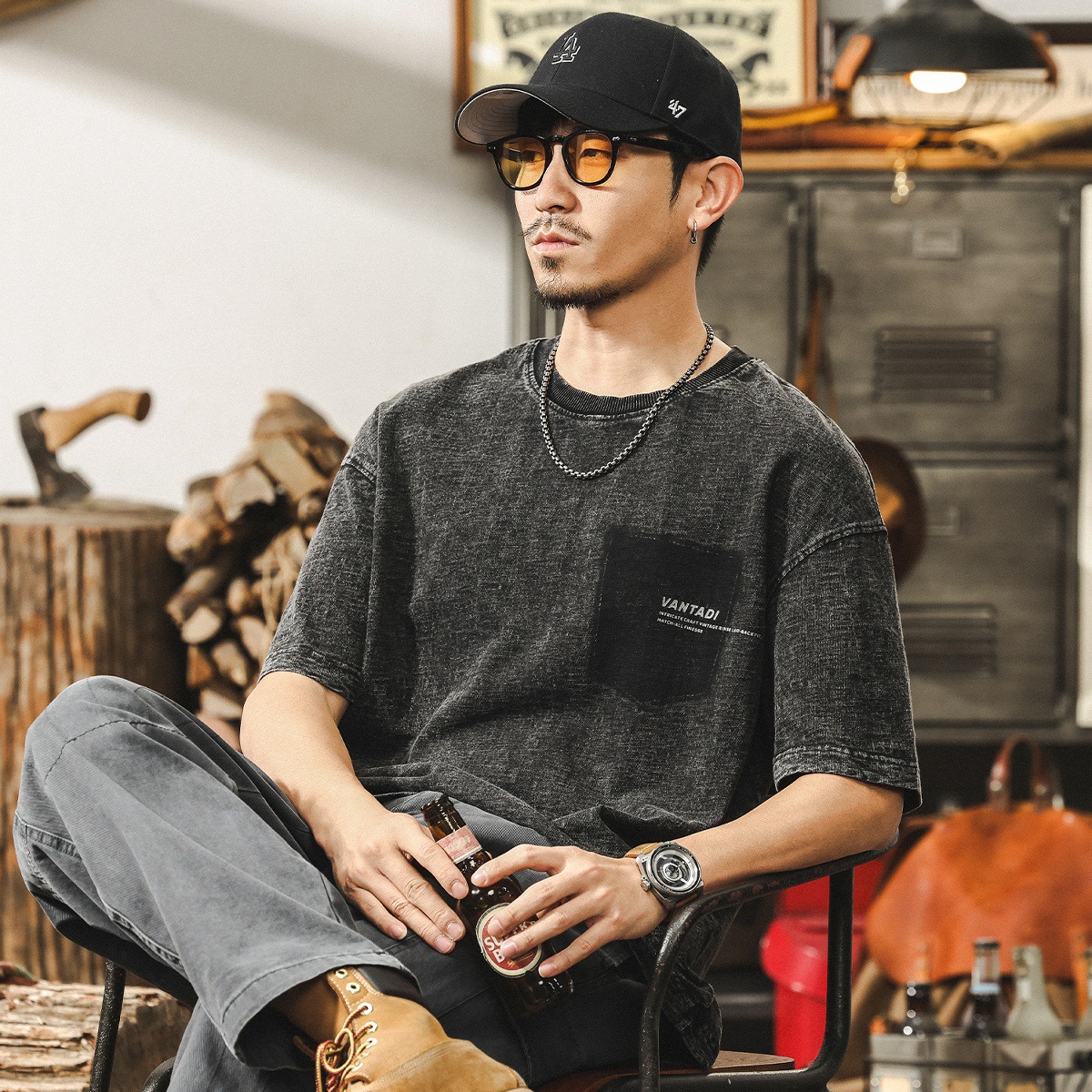 高級感竹節針織牛仔短袖男款夏季T恤男寬鬆潮牌美式復古上衣