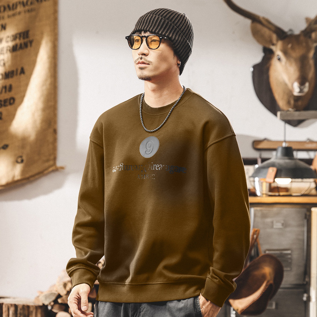 安可拉紅美式重磅衛衣男春秋2025新款潮牌髒染水洗寬鬆休閒上衣男