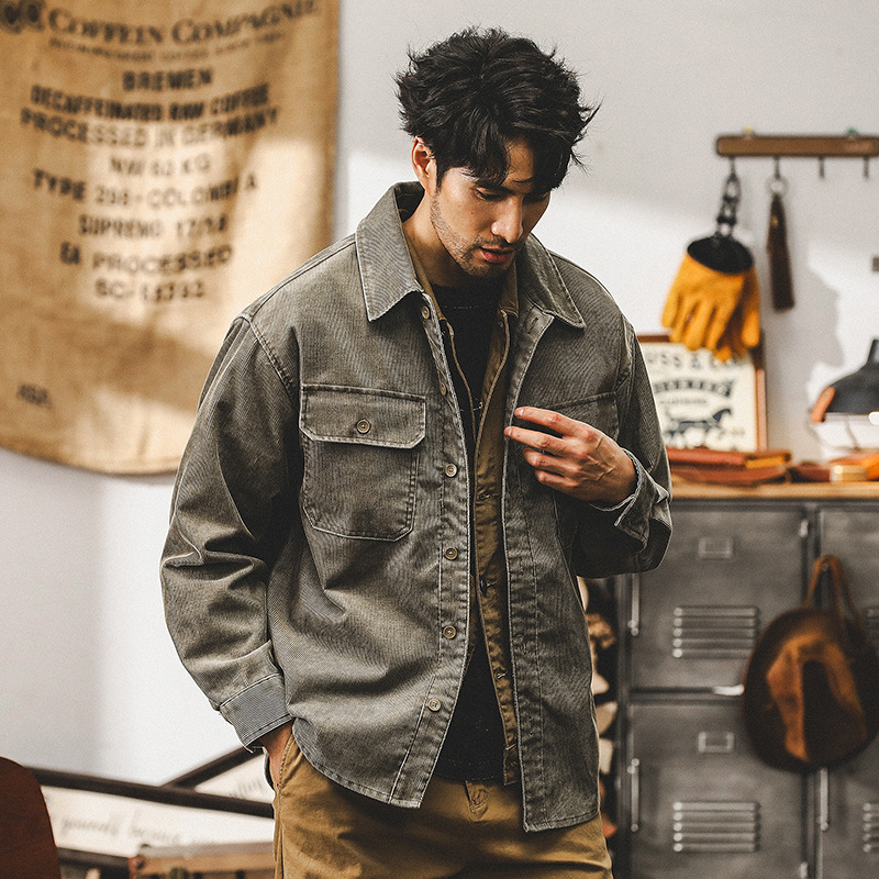 美式重磅燈芯絨長袖襯衫男工裝外套複古做舊秋季男款寬松休閑夾克