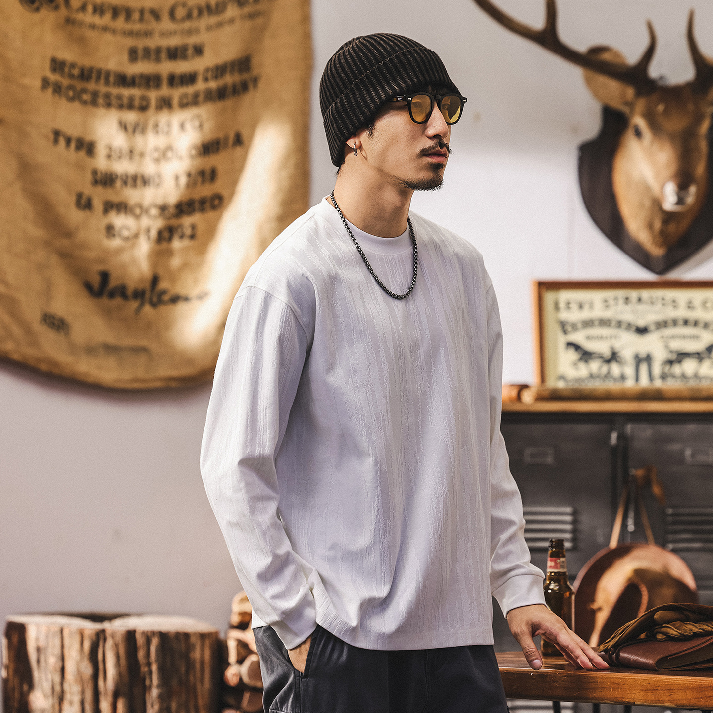 美式復古260g重磅t恤男長袖秋季新款樹紋肌理感寬鬆休閒男士上衣