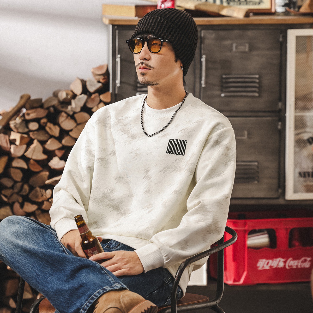 美式復古重磅圓領衛衣男春秋2025新款潮牌百搭寬鬆大碼休閒上衣男