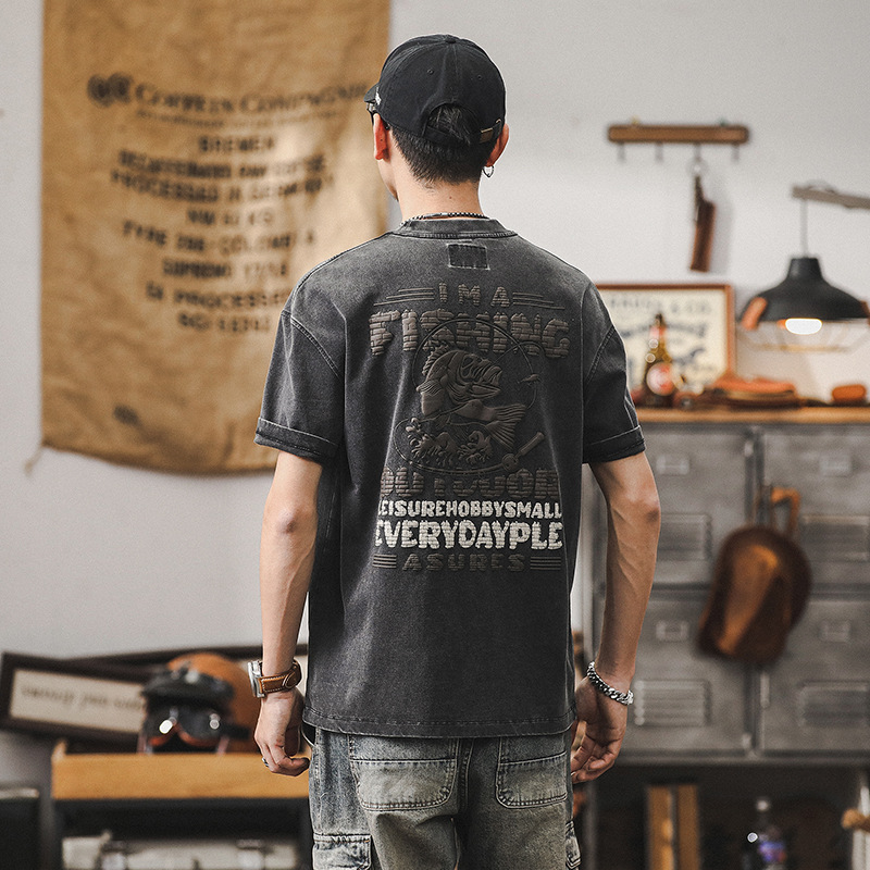 美式潮牌短袖T恤男夏季寬鬆2024新款上衣男230g重磅黑色體恤