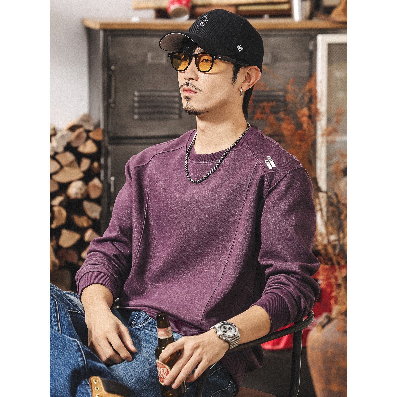 美式復古紫色衛衣男春秋2025新款拼接潮流長袖t恤男寬鬆秋季上衣