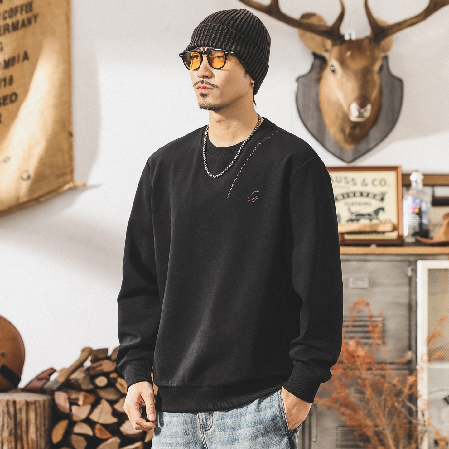 美式復古重磅衛衣男春秋2025新款潮牌寬鬆簡約大碼黑色男士上衣潮