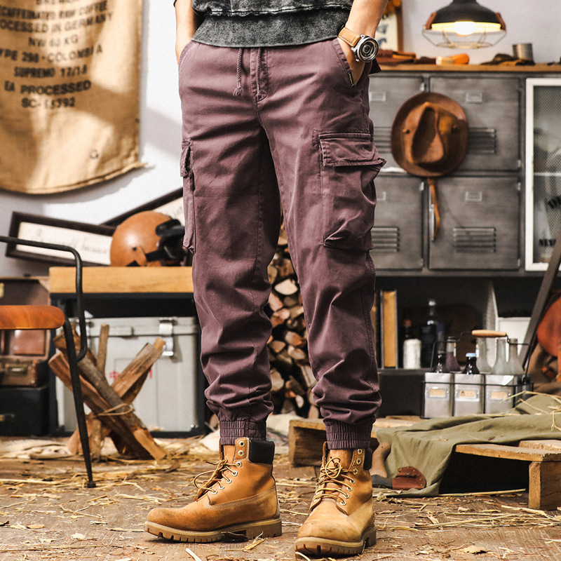 美式復古紫色工裝褲男寬鬆潮牌秋季多口袋束腳城市戶外通勤休閒褲