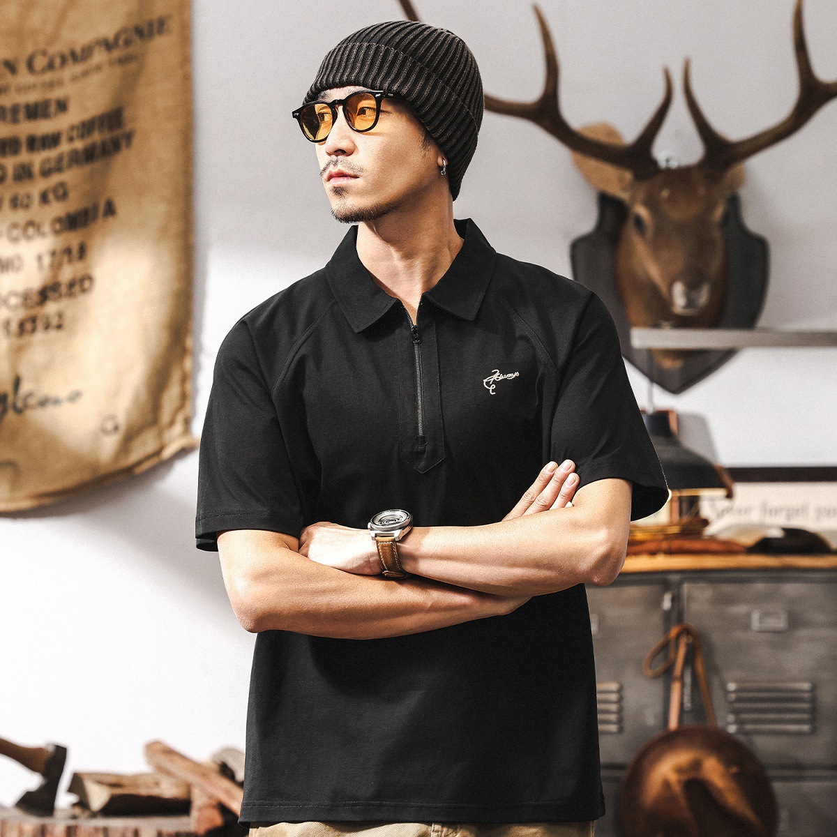 【彈力梭織】高端復古半拉鏈短袖男T恤夏季潮流百搭休閒POLO衫男T