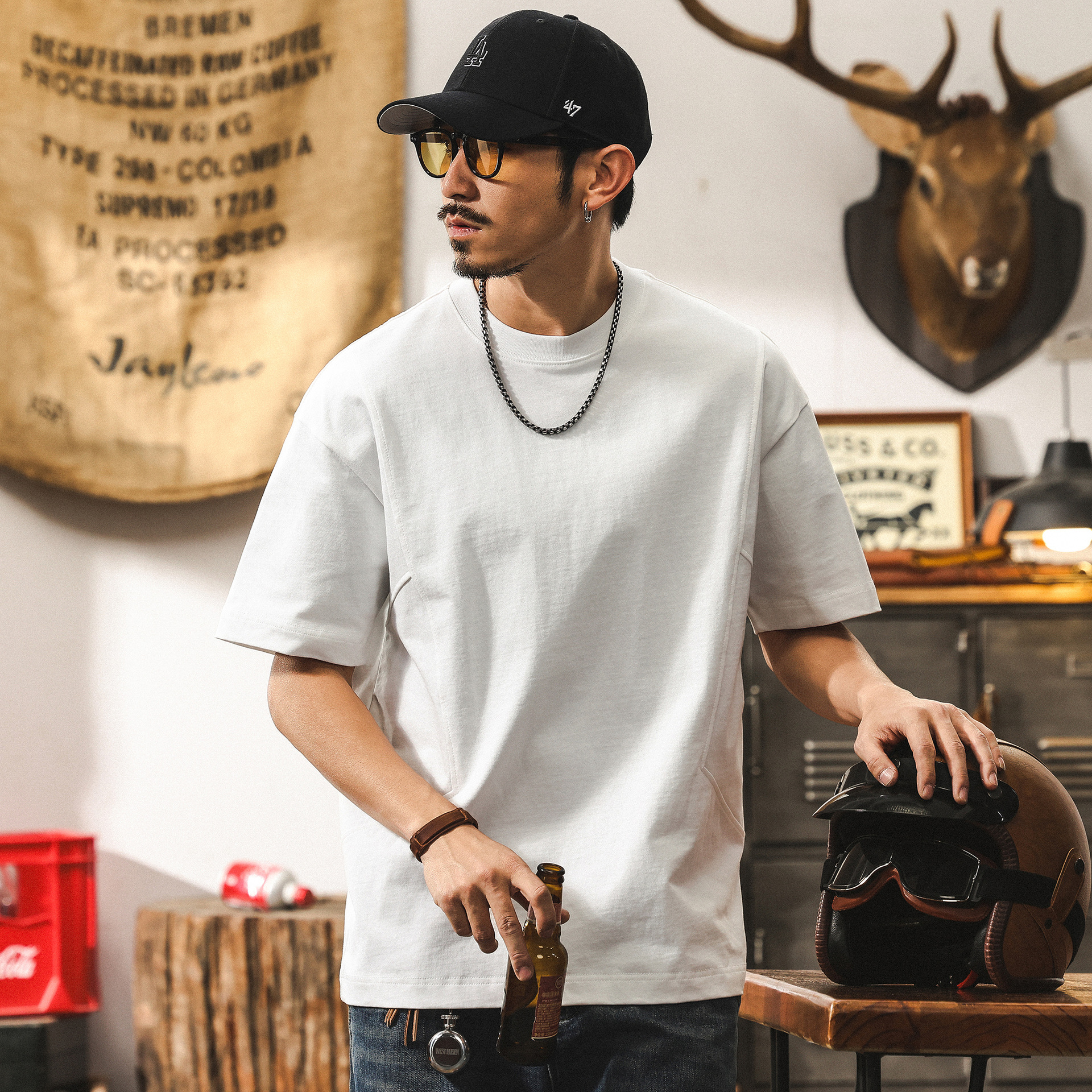 美式復古T恤短袖男款夏季280g重磅潮牌拼接寬鬆大碼上衣男裝