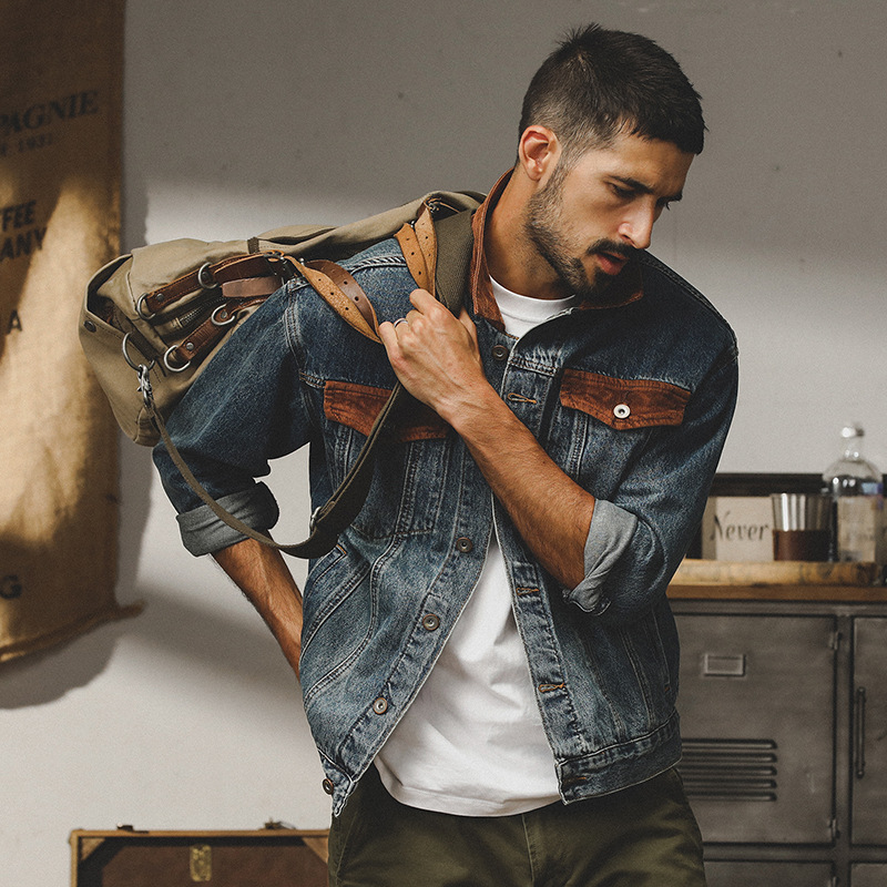 美式復古做舊牛仔外套男秋冬款潮牌寬鬆潮流痞帥翻領工裝夾克上衣