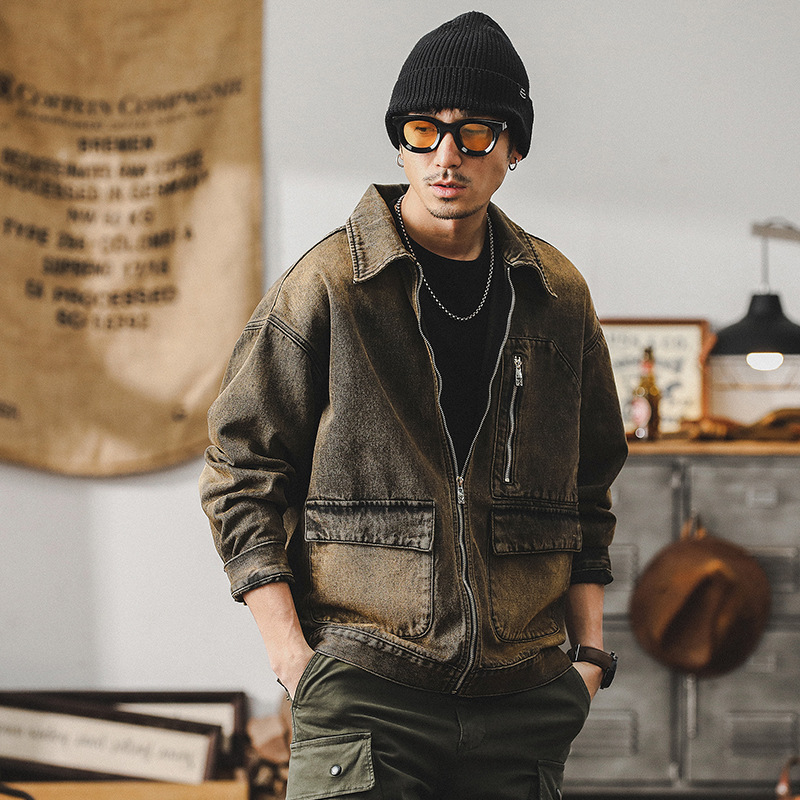 未來賽博朋克廢土風牛仔外套男春秋潮牌痞帥鐵鏽水洗機能工裝夾克