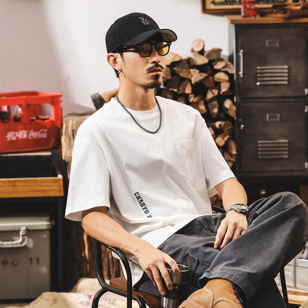 美式潮流短袖男士夏季重磅T恤寬鬆2025新款潮牌拼接大碼休閒上衣T