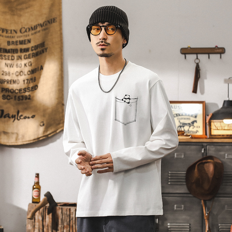 美式潮牌重磅T恤男長袖秋季寬鬆萌趣熊貓印花上衣簡約打底衫