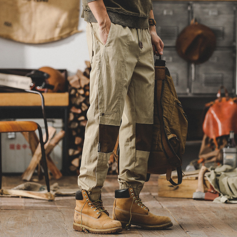 高級感工裝褲子男春季寬鬆直筒男士休閒褲設計感拼色束腳哈倫褲男