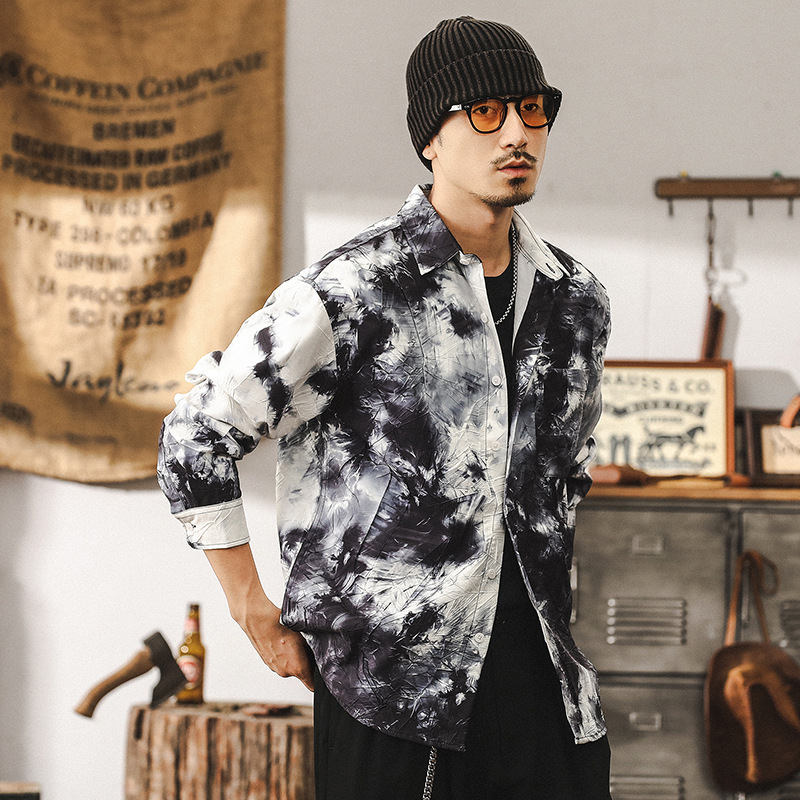 國風復古襯衫男長袖潮牌高級感紮染水墨立體印花襯衣男春秋款外套