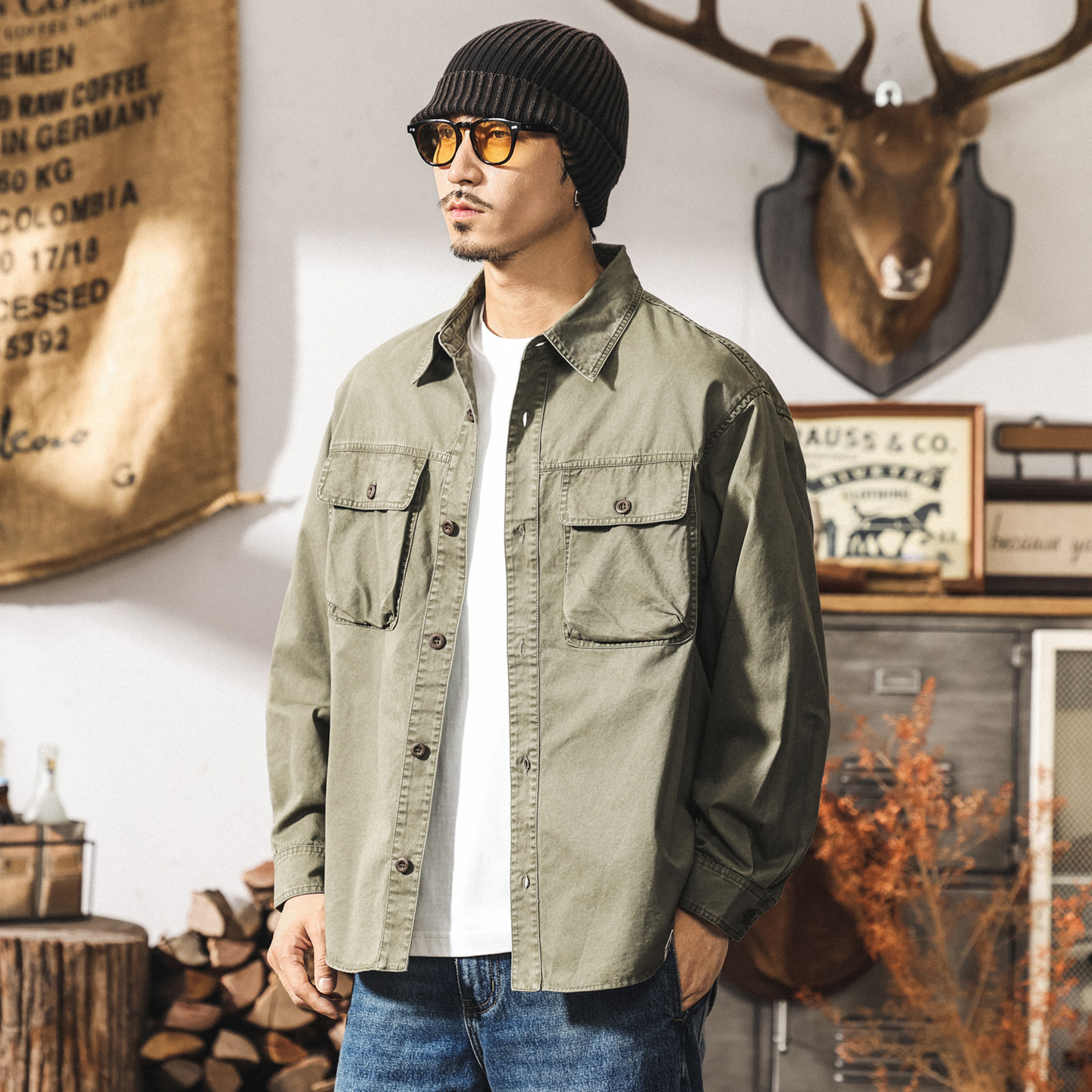 美式復古水洗工裝襯衫男長袖春季新款潮牌重磅寬鬆襯衣外套男