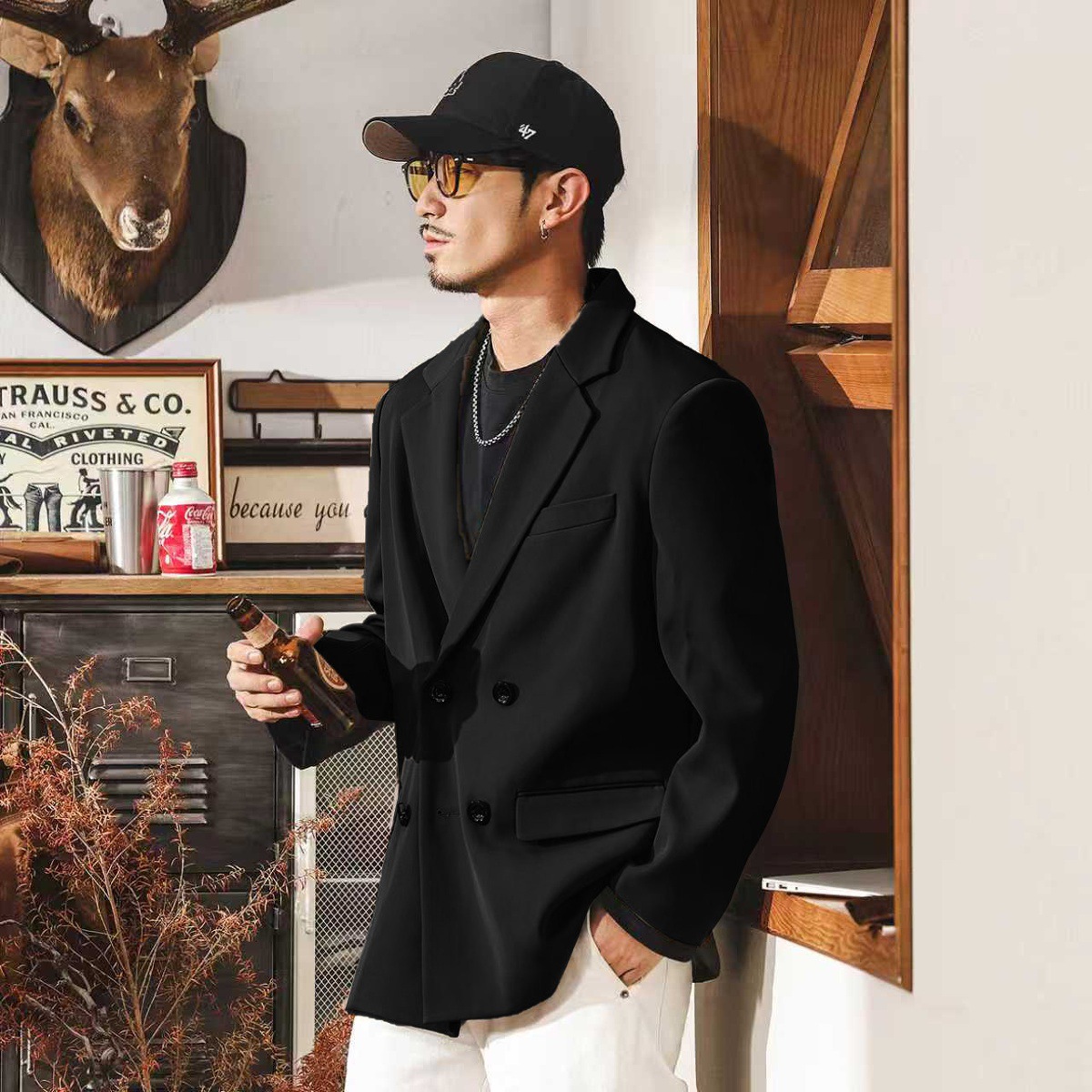 美式復古平駁領通勤休閒西裝外套男士2025新款潮流英倫紳士西服男