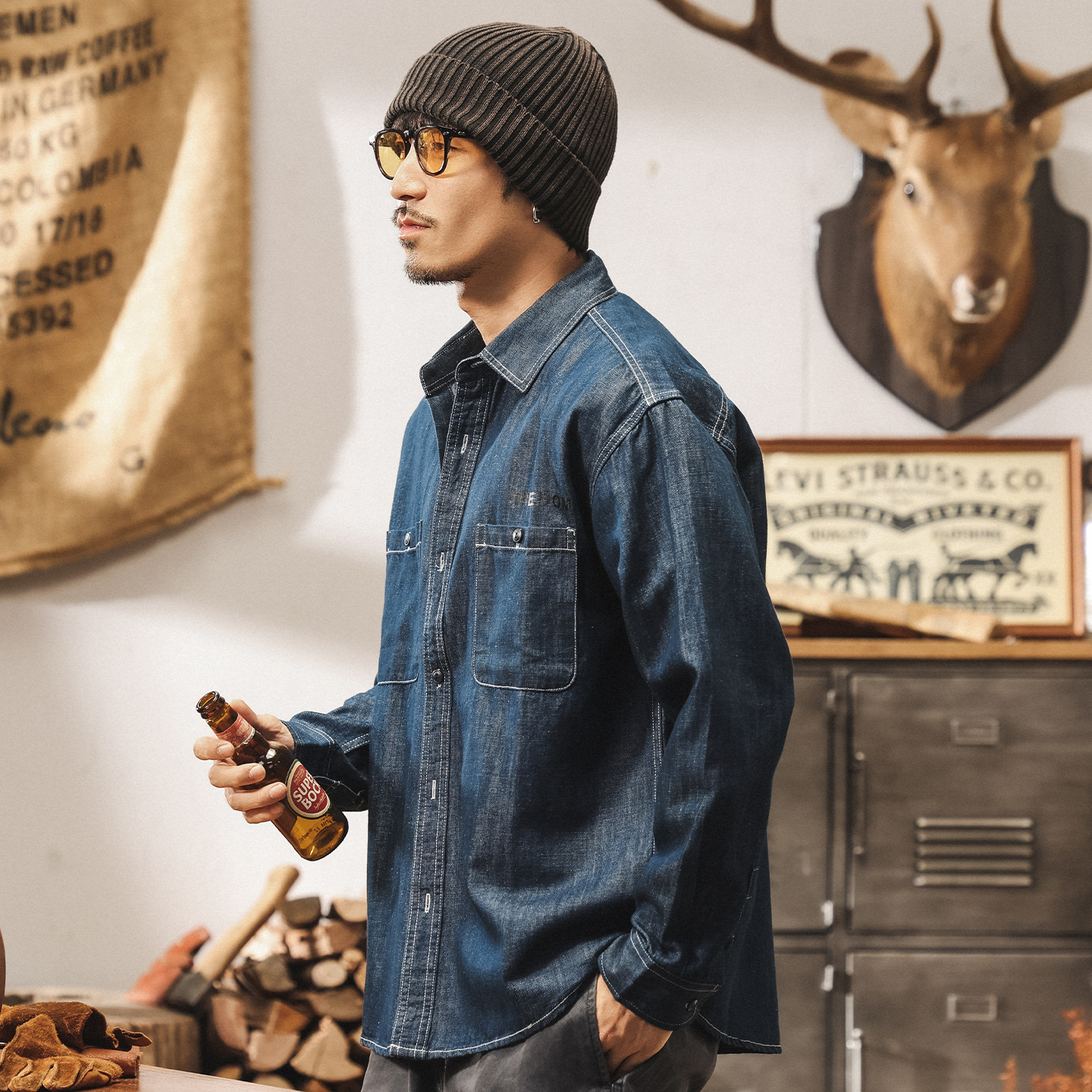 環保抗菌古織漢麻襯衫男長袖秋季新款美式復古寬鬆休閒襯衣外套男