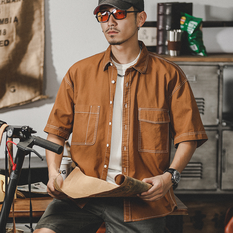 杰雷諾美式復古水洗工裝襯衫男半袖夏季新款寸衫短袖襯衣男款