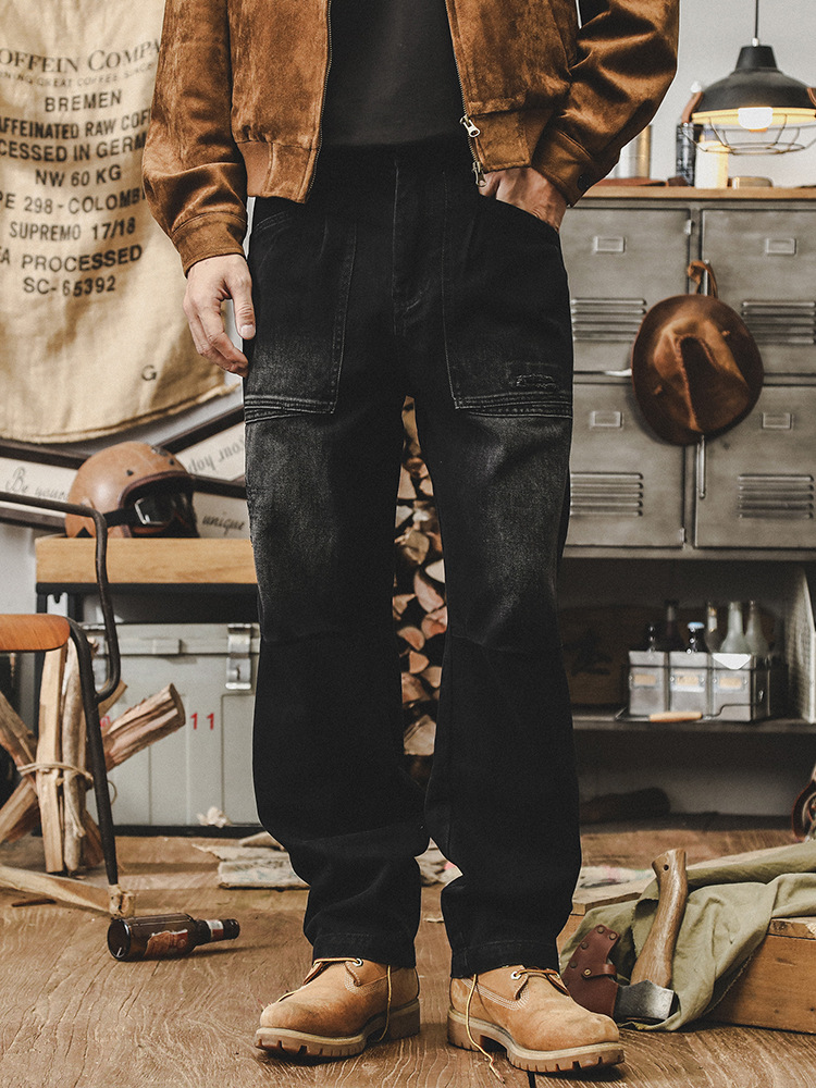 美式重磅牛仔褲男直筒2024新款高街褲子男款寬松複古水洗休閑長褲